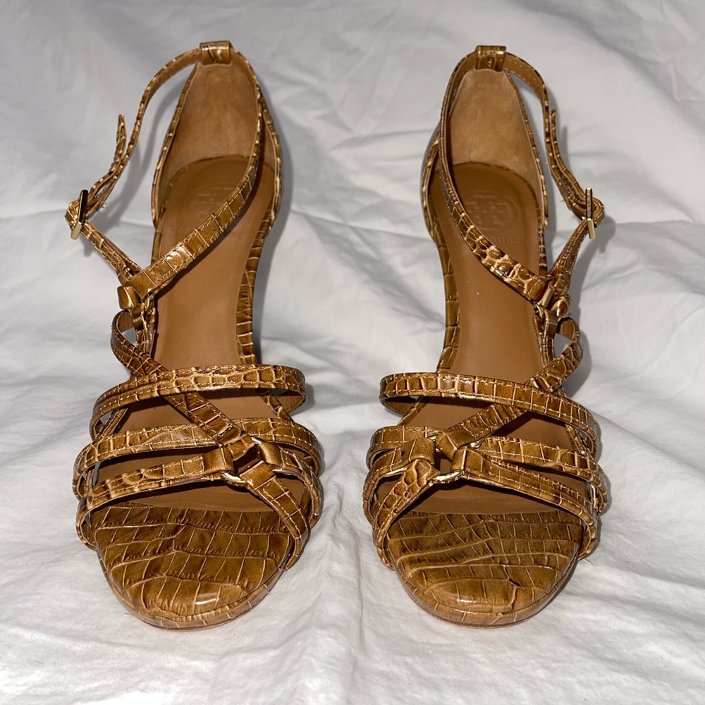 Tory Burch Light Brown Elizabella Crisscross Strappy Heel Croc Sandals